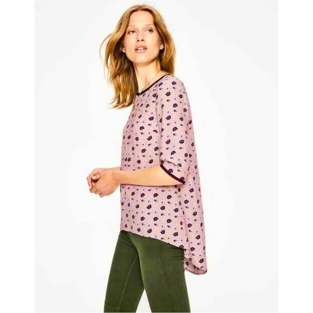 Boden hi-low hem Pink Floral Print Top With Wine Trim